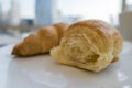 Breakfast with fresh croissants, close up, selective focus Royalty Free Stock Photo