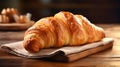 Breakfast fresh golden French croissant on the table, on a wooden surface near the window. Fresh classic pastries Royalty Free Stock Photo