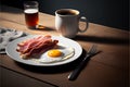 Breakfast with fried egg, bacon, coffee and beer on wooden table Royalty Free Stock Photo