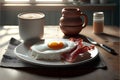 Breakfast with fried egg, bacon and coffee on wooden table. Royalty Free Stock Photo