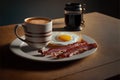 Breakfast with fried egg, bacon and coffee on a wooden table Royalty Free Stock Photo