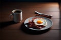 Breakfast with fried egg, bacon and coffee on a wooden table Royalty Free Stock Photo