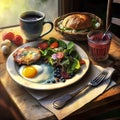 Breakfast with fried egg, bacon, salad, tomatoes and coffee Royalty Free Stock Photo