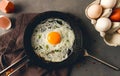 Breakfast, fried egg, in a cast-iron frying pan, top view, horizontal, no people, Royalty Free Stock Photo