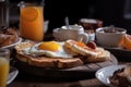 Breakfast with fried egg, coffee and orange juice on wooden table, Delicious breakfast dishes on the table with beverage, AI Royalty Free Stock Photo