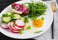 Fried egg, fresh vegetable salad and lard sandwich. Keto diet Royalty Free Stock Photo