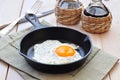 Breakfast the fried egg in a iron frying pan Royalty Free Stock Photo