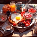 Breakfast with fried egg, pancakes, berries, coffee and orange juice, coffee on the table