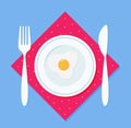 Breakfast fried egg on a plate, with a fork and knife on a napkin. Vector illustration in flat style Royalty Free Stock Photo