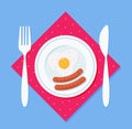 Breakfast fried egg and sausages on a plate, with a fork and a knife on a napkin. Vector illustration in flat style Royalty Free Stock Photo