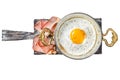 Breakfast with fried egg in a skilet with tomatoes and bacon. Isolated, white background. Royalty Free Stock Photo