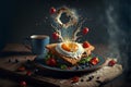 Breakfast with fried egg on toast with berries and cup of coffee on wooden table