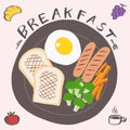 Breakfast with fried egg, toast, sausage and Steamed vegetable on plate