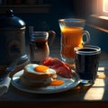 Breakfast with fried eggs, bacon, bread, coffee and orange juice