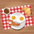 Breakfast of fried eggs and bacon with coffee and butter roll. Vector illustration. Eating on a plate is a top view