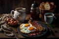 Breakfast with fried eggs, bacon and coffee on wooden background. Royalty Free Stock Photo