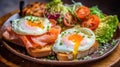 Breakfast Fried eggs bacon cottage cheese toast with salmon on a plate Royalty Free Stock Photo