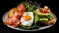 Breakfast Fried eggs bacon cottage cheese toast with salmon on a plate Royalty Free Stock Photo