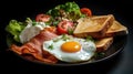 Breakfast Fried eggs bacon cottage cheese toast with salmon on a plate Royalty Free Stock Photo