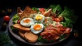 Breakfast Fried eggs bacon cottage cheese toast with salmon on a plate Royalty Free Stock Photo