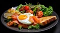 Breakfast Fried eggs bacon cottage cheese toast with salmon on a plate Royalty Free Stock Photo
