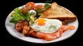 Breakfast Fried eggs bacon cottage cheese toast with salmon on a plate Royalty Free Stock Photo