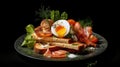 Breakfast Fried eggs bacon cottage cheese toast with salmon on a plate Royalty Free Stock Photo