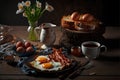 Breakfast with fried eggs, bacon and crocus flowers on wooden table Royalty Free Stock Photo