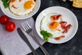 Breakfast. Fried eggs with bacon decorated with basil leaves. Nearby is a cup of coffee with toast. Royalty Free Stock Photo