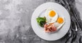 Breakfast, fried eggs, bacon, prosciutto, fresh salad on plate on grey table surface. Healthy food, top view, flat lay.