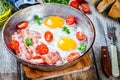 Breakfast with fried eggs, bacon, tomatoes and parsley Royalty Free Stock Photo