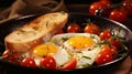 Breakfast of fried eggs, bread, cherry tomatoes, a