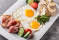 Breakfast, fried eggs, bun, sausage, bacon, prosciutto, fresh salad on plate on grey table surface. Healthy food, top view, flat