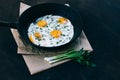 Breakfast. Fried eggs in cast iron frying pan on dark wooden background Royalty Free Stock Photo