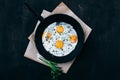 Breakfast. Fried eggs in cast iron frying pan on dark wooden background Royalty Free Stock Photo