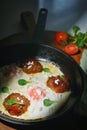 Breakfast fried Eggs, Cheese and Cooked Meatballs