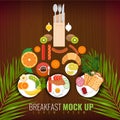 Breakfast of fried eggs, coffee and other meals. Menu cover design with tropical leaf. Vector illustration. Royalty Free Stock Photo