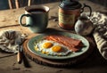 Breakfast with fried eggs and meat slices on a plate and a cup of tea serving on the wooden table. Created with Generative AI Royalty Free Stock Photo