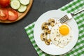 Breakfast with fried eggs, mushrooms and vegetables in a white plate on dark background, top view Royalty Free Stock Photo