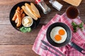 Breakfast with fried eggs on pan and sausage grill with toast, c Royalty Free Stock Photo