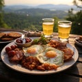 Breakfast with fried eggs, sausages, bacon, mushrooms, tomatoes and beer on wooden table