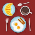 Breakfast with fried eggs, sausages, croissant and cup of coffee Royalty Free Stock Photo