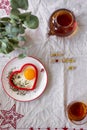 Breakfast Fried Eggs and Tea on Valentines Day Royalty Free Stock Photo