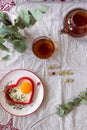 Breakfast Fried Eggs and Tea on Valentines Day Royalty Free Stock Photo