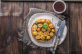 Breakfast with fried mini eggs and breadm copy space Royalty Free Stock Photo