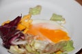 Breakfast with fried scrumbled egg and salad leaves closeup Royalty Free Stock Photo