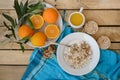 Breakfast, fruit, corn flakes, milk and orange juice on the wooden table Royalty Free Stock Photo