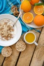 Breakfast, fruit, corn flakes, milk and orange juice on the wooden table Royalty Free Stock Photo