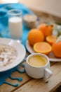 Breakfast, fruit, corn flakes, milk and orange juice on the wooden table Royalty Free Stock Photo