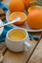 Breakfast, fruit, corn flakes, milk and orange juice on the wooden table Royalty Free Stock Photo